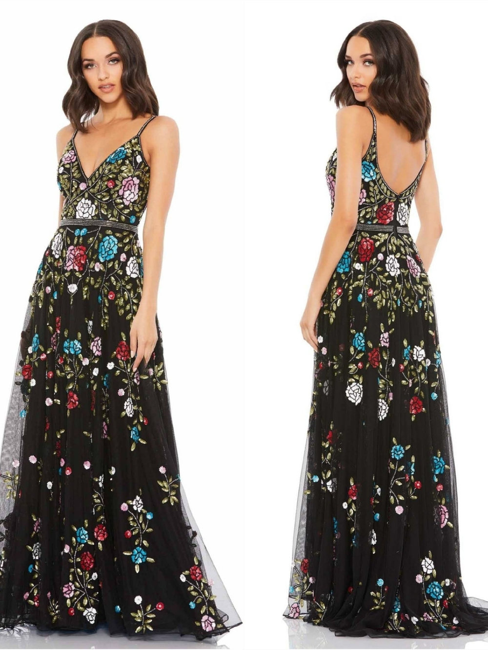 Mac Duggal Black Floral Embellished Plunging Neck A-line Gown